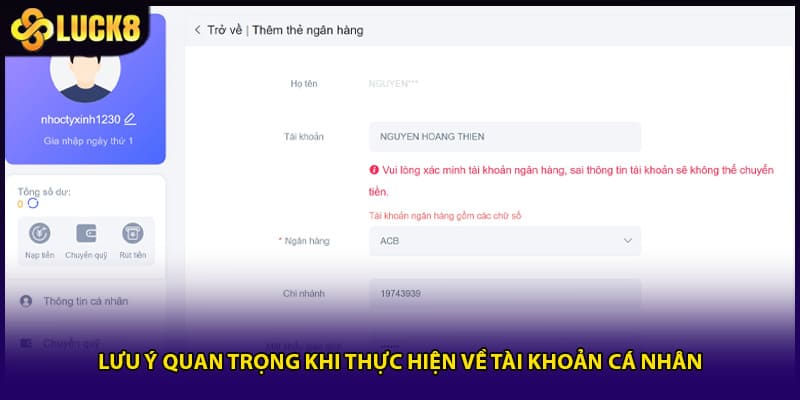 Lưu ý quan trọng khi thực hiện về tài khoản cá nhân